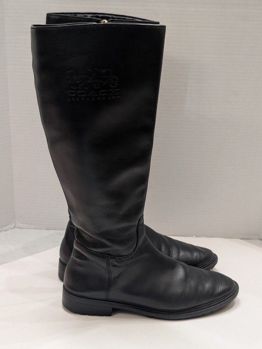 COACH Women's 8.5 Fynn Black Leather Tall Riding Boots Zip Logo G5481